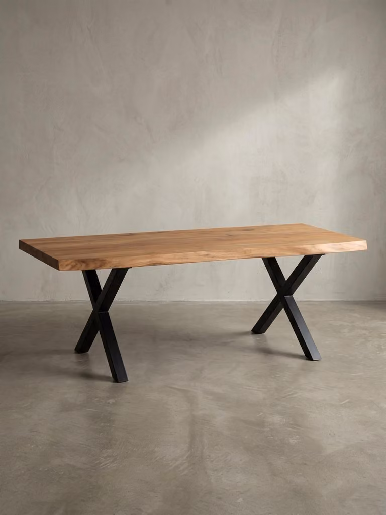 Tavolino da salotto 120x60x46 cm in legno massello di acacia / metallo con bordo naturale, tavolino da salotto di design rettangolare, tavolino da divano marrone, tavolino da caffè con gambe nere a forma di X