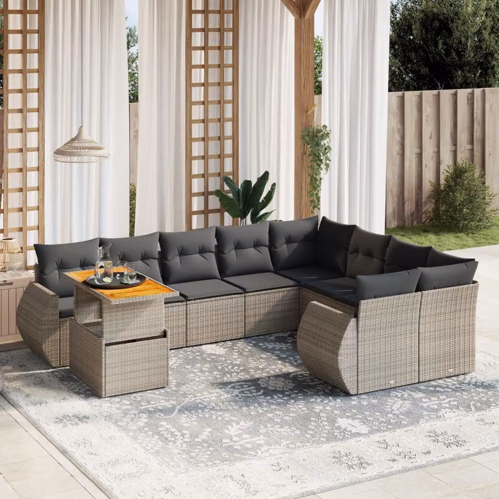 vidaXL Set Divano da Giardino 10 pz in Polyrattan Grigio con Cuscini e Tavolino da Esterno – 1