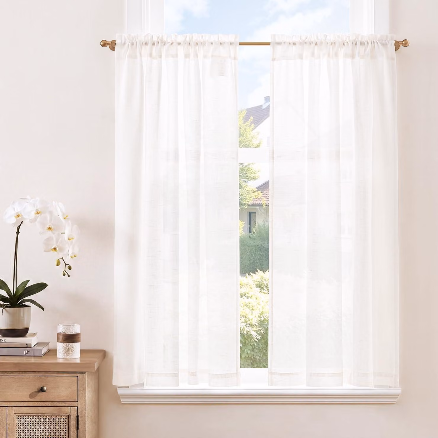 Tende trasparenti in stile moderno, effetto lino, colore bianco, ideali per la cucina. Dimensioni: larghezza 90 cm, altezza 115 cm. Set di 2 tende in stile boho, perfette per finestre in stile rustico o da cucina