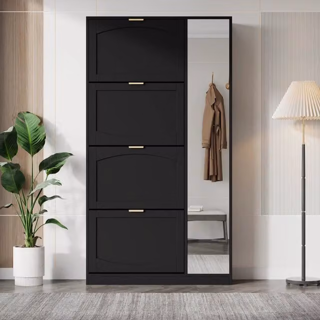 Scarpiera con Specchio e 4 Ante Ribaltabili ¨C MINIMAL ¨C Nero, 80x147x24 cm