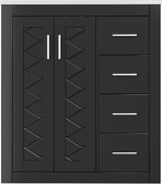 Mobile bagno moderno nero con 2 ante e 3 cassetti, lavabo integrato in ceramica e finitura laccata, L: 76 cm, P: 46.5 cm, H: 85.5 cm