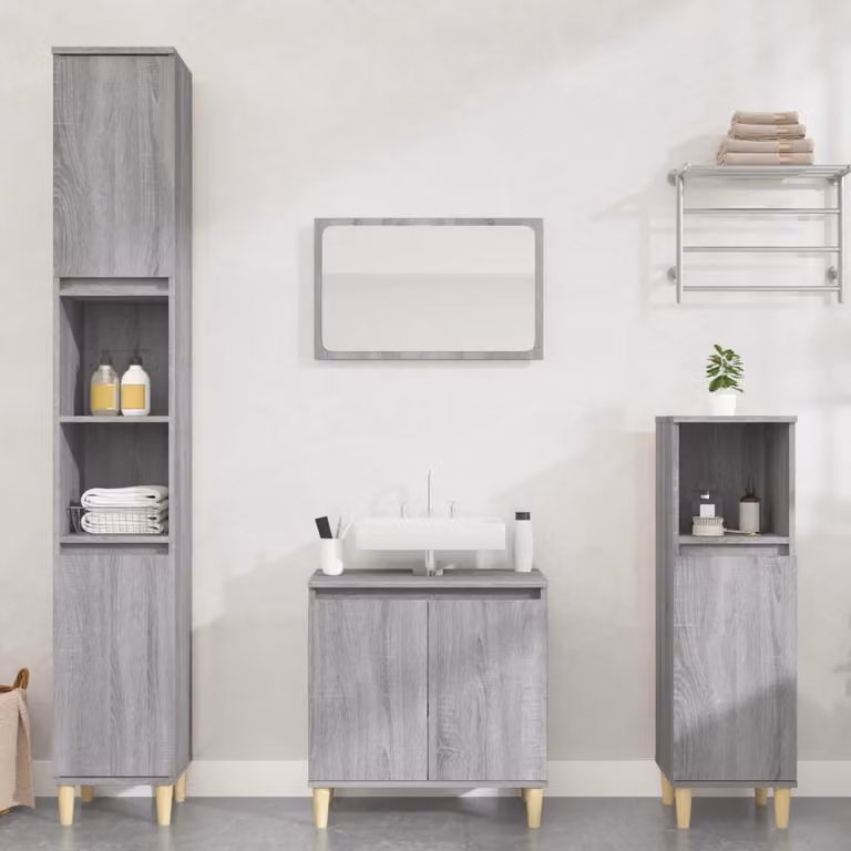 Set di mobili da bagno vidaXL 3 pezzi in legno multistrato grigio con mobile lavabo e colonna alta