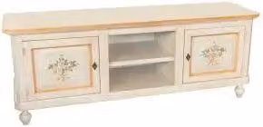 Mobile Porta tv napoletano in legno 2 ante 2 vani a giorno Shabby chic avorio anticato decorato filo arancio