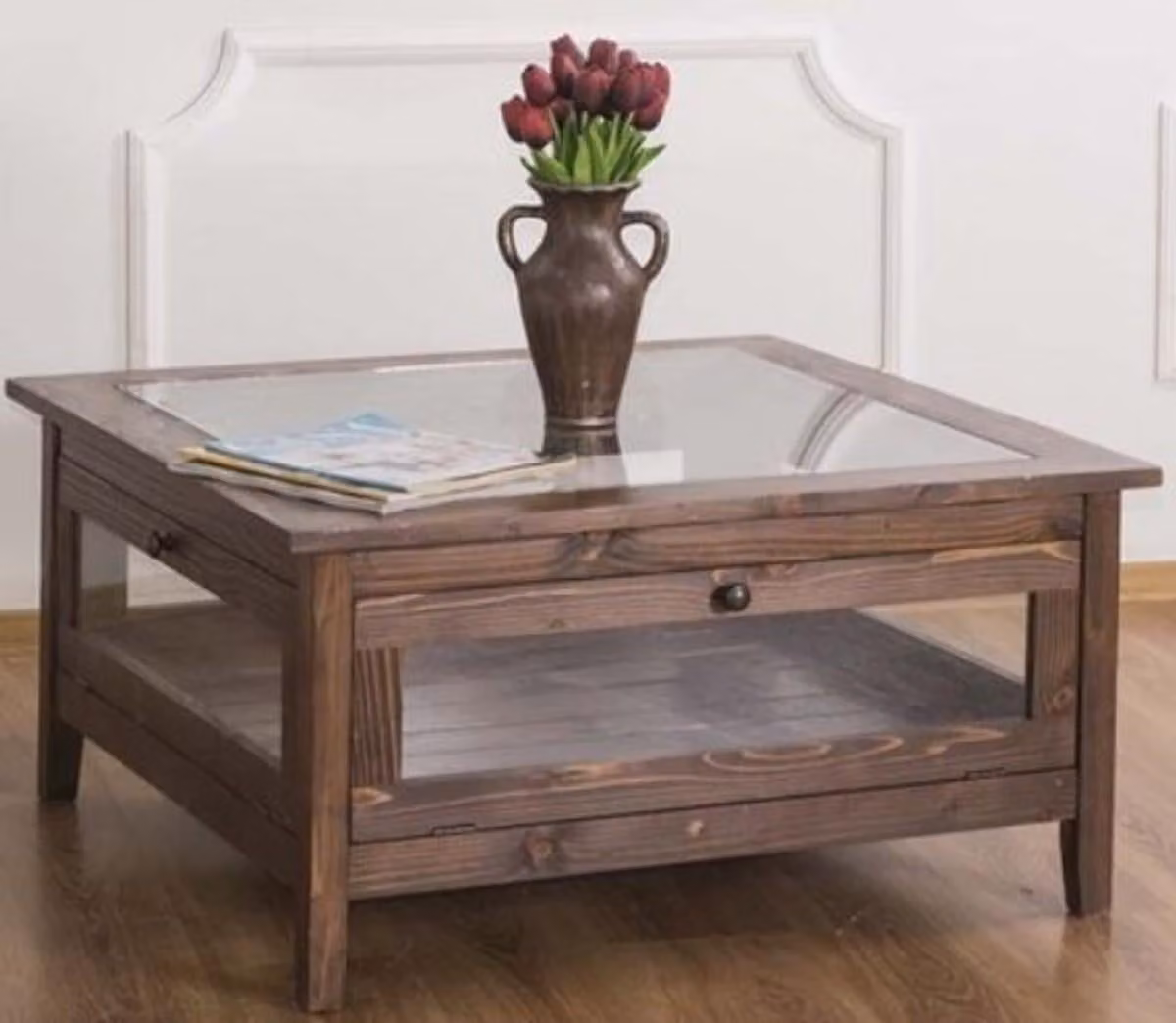 Tavolino Casa Padrino in stile country con piano in vetro marrone 90 x 90 x h. 45 cm - Tavolo da soggiorno in legno massello - Mobili da soggiorno in stile country