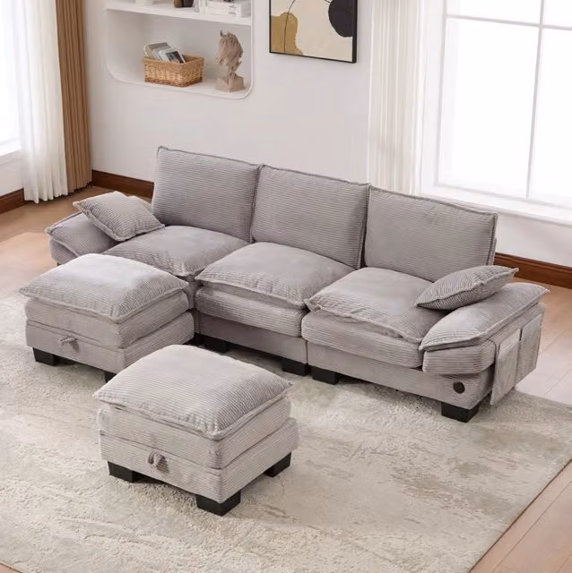 Divano modulare 3 posti in velluto a coste con 2 pouf; USB-C e tasche laterali; grigio chiaro