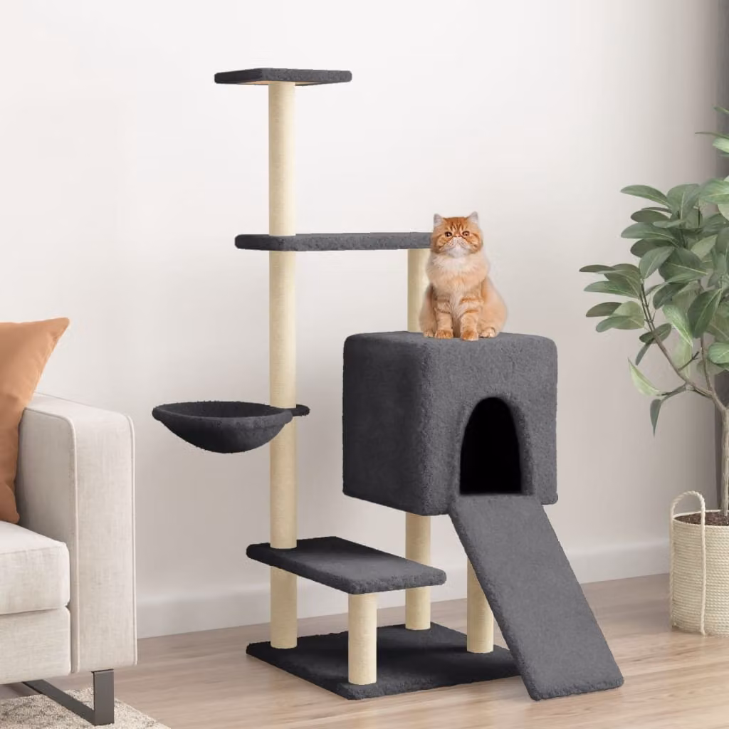 Albero per gatti vidaXL con tiragraffi in sisal e cuccia, colore grigio, Altezza: 130,5 cm