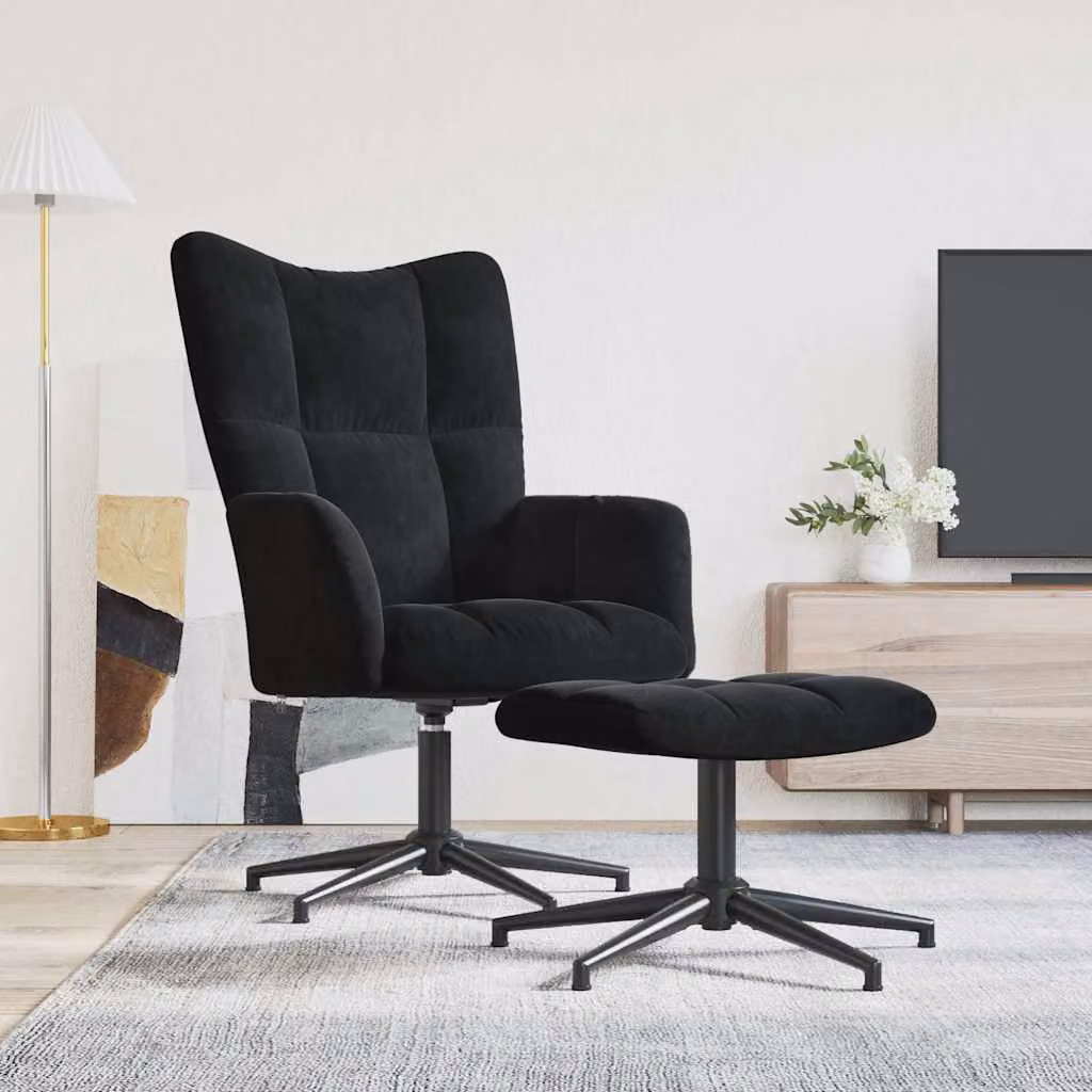 vidaXL Poltrona Relax con Poggiapiedi Nero in Velluto, Sedia Girevole a 360 Gradi con Braccioli e Struttura in Metallo – 1