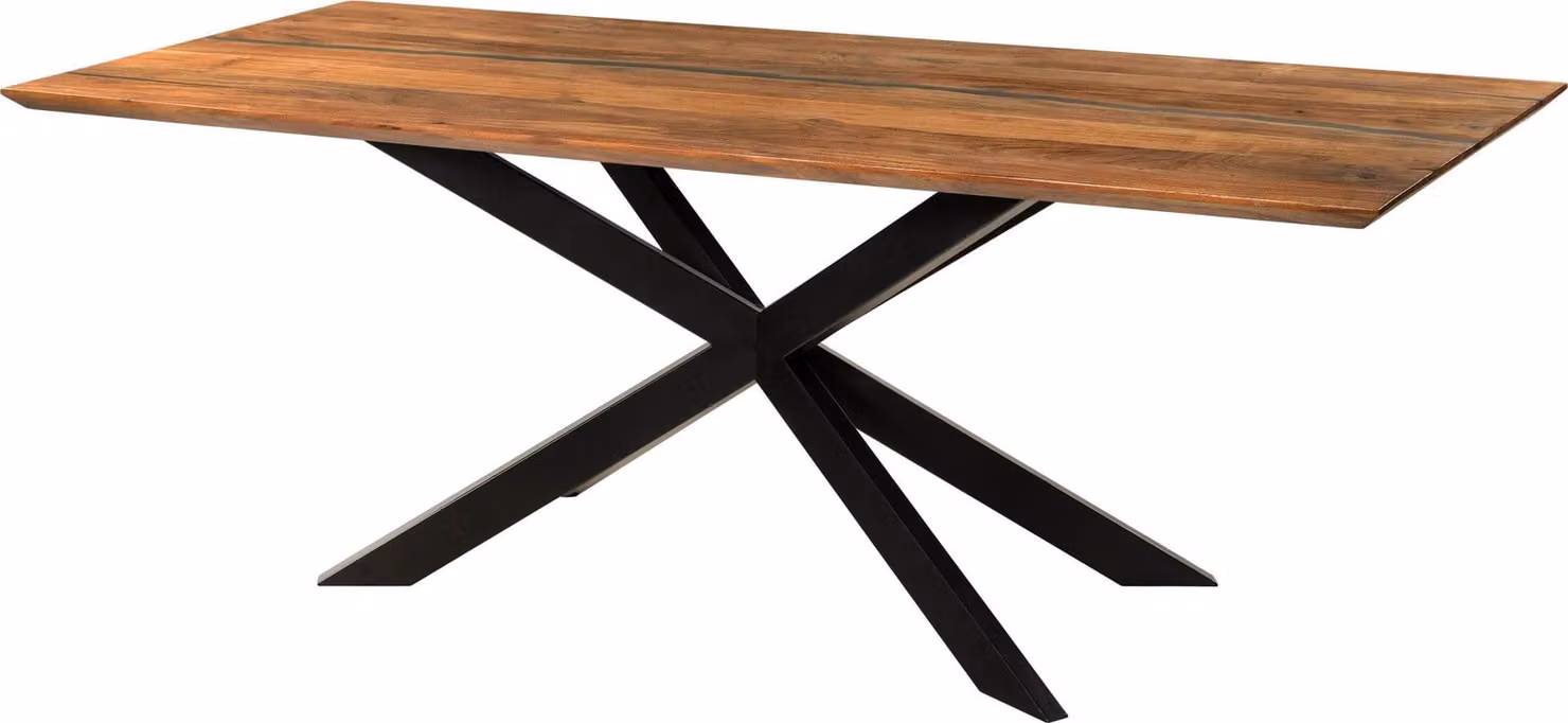MASSIVMOEBEL24 | Tavolo da pranzo in legno di acacia e resina epossidica nera 220x100x76 laccato natur / gambe incrociate antracite matt EPOXY