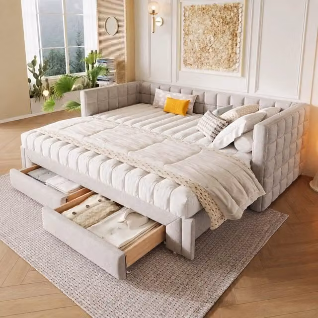 Divano letto estraibile 90x200 cm in velluto beige con 2 cassetti; trasformabile in letto matrimoniale 180