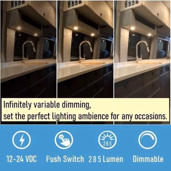 Set di 4 Lampade a LED da incasso 12V per camper e caravan, con regolazione dell'intensità touch e luce blu, colore nero, design moderno in alluminio