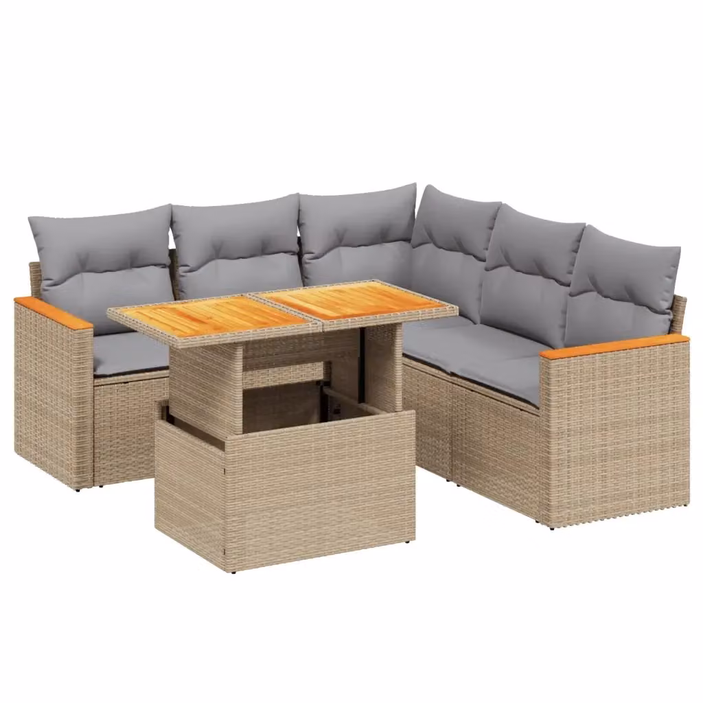 Set Divano da Giardino vidaXL 6 pz a Forma a L in Polyrattan con Cuscini Beige e Tavolino, Design Moderno con Struttura in Legno di Acacia e Tessuto Resistente ai Raggi UV – 2