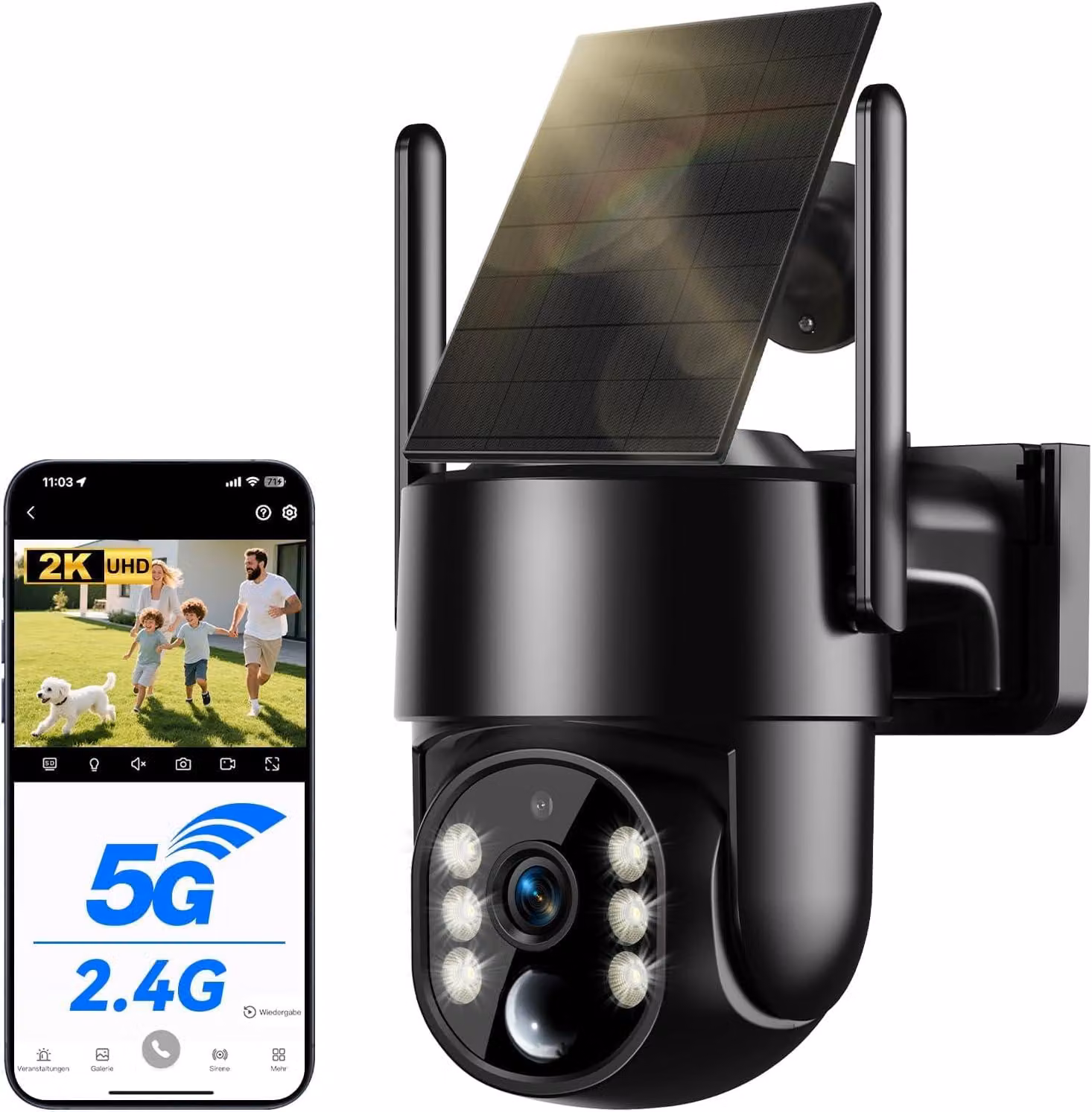 Telecamera di sicurezza esterna WESECUU, alimentata a energia solare, con Wi-Fi, senza fili, risoluzione 2,5K, 4MP, dotata di pannello solare da 5W