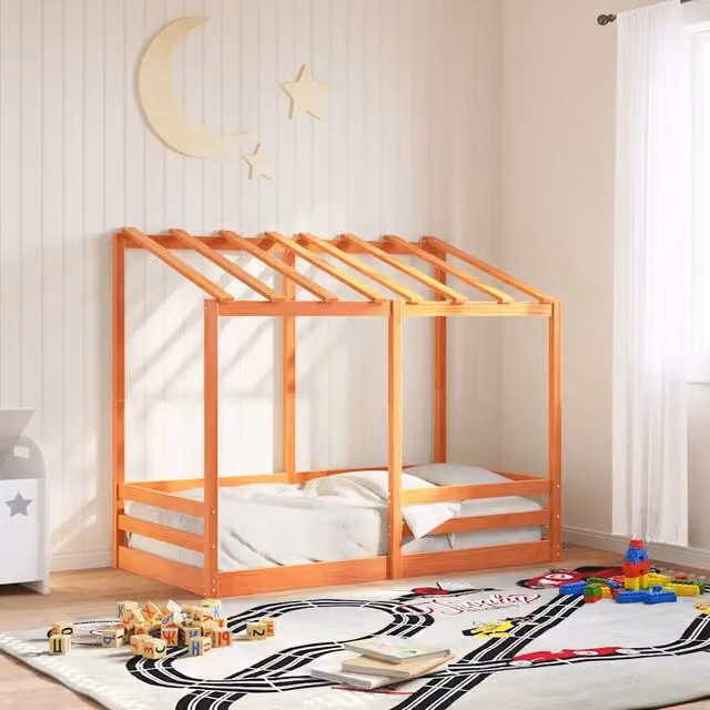 Letto per bambini vidaXL con struttura a casetta in legno di pino massello, colore marrone cera, L/P/H: 160 x 80 x 87,5 cm