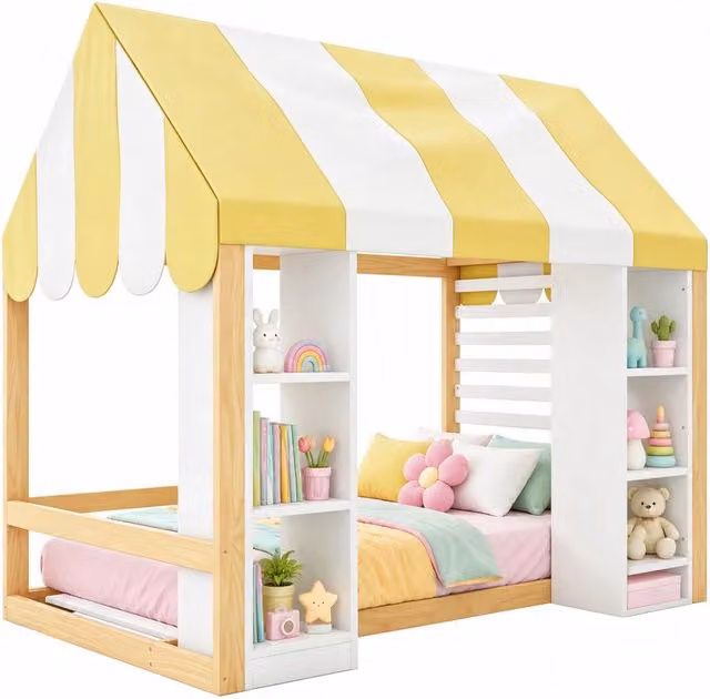 Letto per bambini 90x200 cm con baldacchino e 2 vani aperti; bianco e naturale