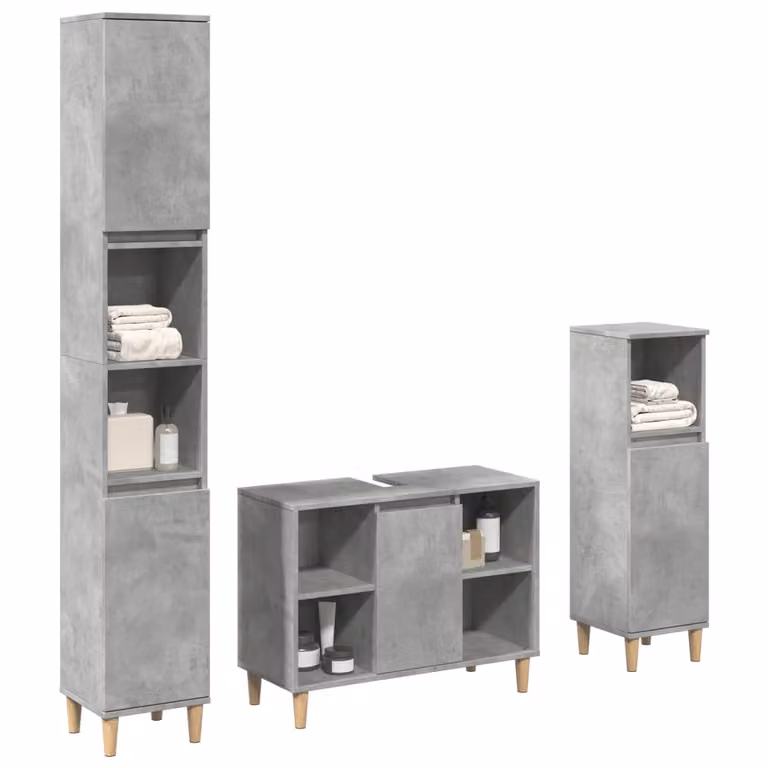 Set di mobili da bagno vidaXL in legno multistrato grigio cemento composto da 3 pezzi con mobile lavabo, colonna alta e mobile laterale