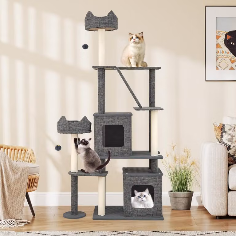 Albero per gatti Costway grigio con torre multi-livello, 2 condomini rimovibili, tiragraffi in sisal sostituibile e giochi integrati, Altezza: 180 cm