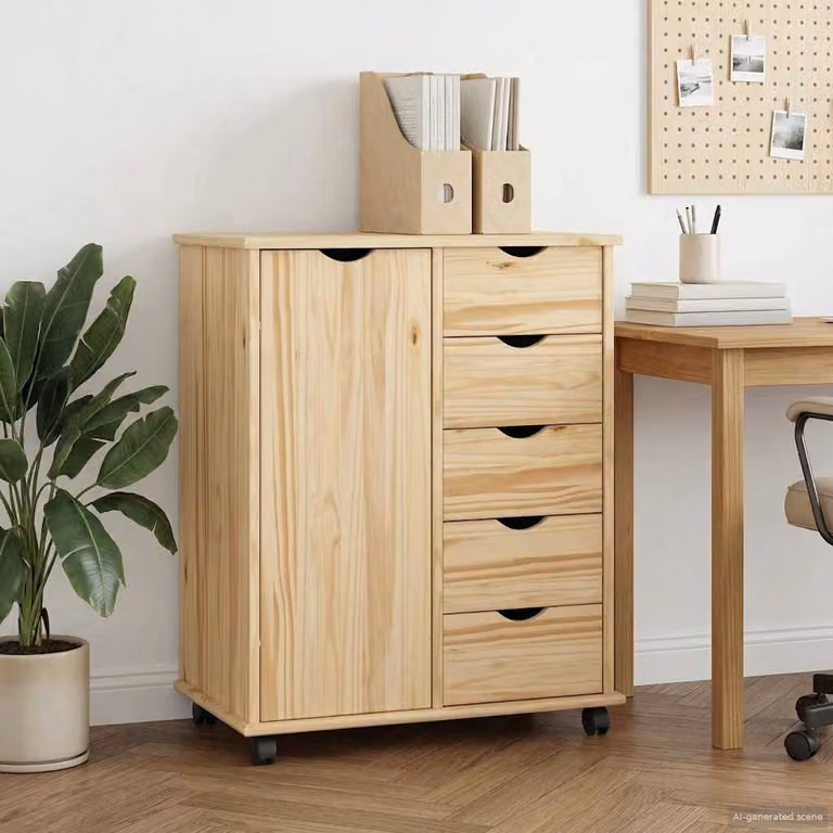 Mobile con ruote vidaXL in legno di pino massello con ante e cassetti, marrone/beige, L: 63,5 cm, P: 39 cm, H: 79 cm