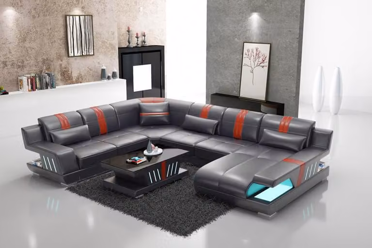 Ecksofa Wohnlandschaft Sofa Couch U-Form Polster Couchen Leder Design Beleuchtet