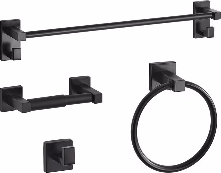Set di accessori per bagno in nero opaco, set di 4 accessori per bagno in acciaio inossidabile, portasciugamani da 24 pollici, anello portasciugamani, gancio per accappatoio, portarotolo, per bagno, montaggio a parete