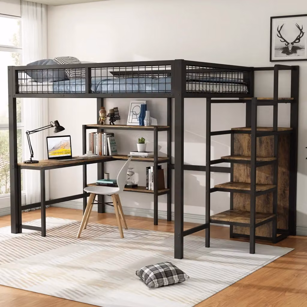 Letto a Soppalco Matrimoniale Moderno con Scrivania, Scaffali, Armadio e Scala, Nero e Marrone, L/P: 140 x 200 cm – 2