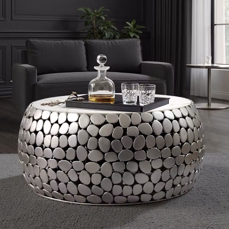 FineBuy Tavolino da salotto rotondo 66 cm in alluminio argento e piano in marmo bianco - Tavolino da salotto in alluminio - Tavolino da salotto in metallo - Tavolino da salotto
