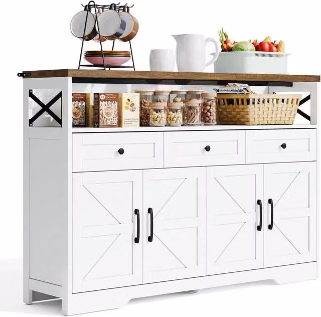 Credenza 140x35x95 cm Bianca e Marrone con 3 Cassetti; 2 Armadietti e Vano Aperto; Stile Country