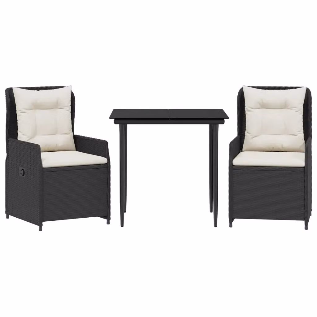 Set da Pranzo da Giardino 3 pz vidaXL in Polyrattan Nero con Cuscini e Tavolo in Vetro – 2