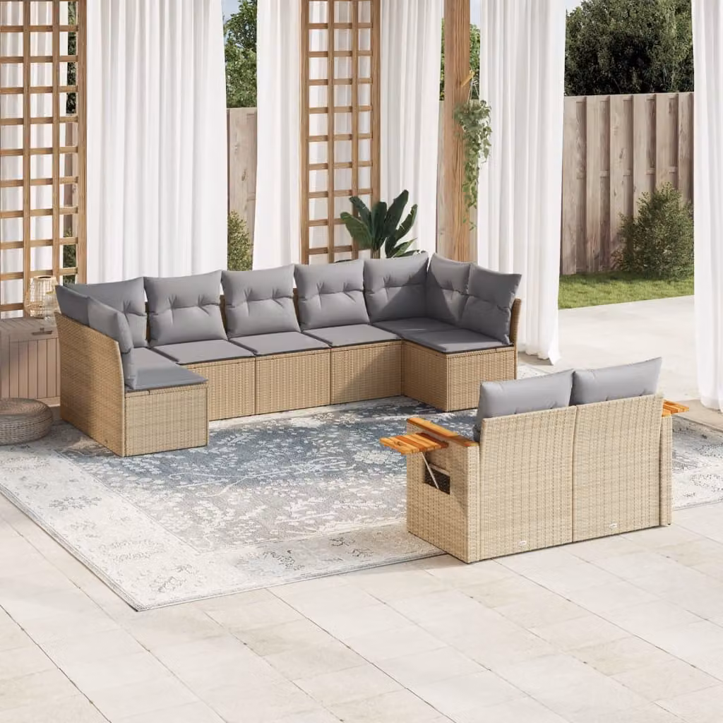 Set Divano da Giardino vidaXL 9 pz in Polyrattan con Cuscini Beige e Tavolino da Esterno – 1