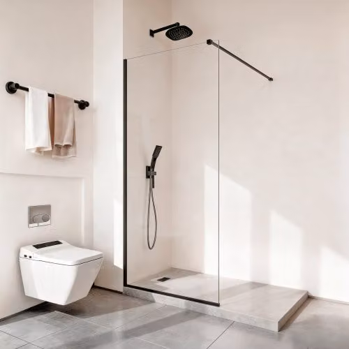 Parete doccia angolare walk-in VEVOR con vetro trasparente da 8 mm e telaio in alluminio nero opaco, L: 86,4 cm, H: 187 cm