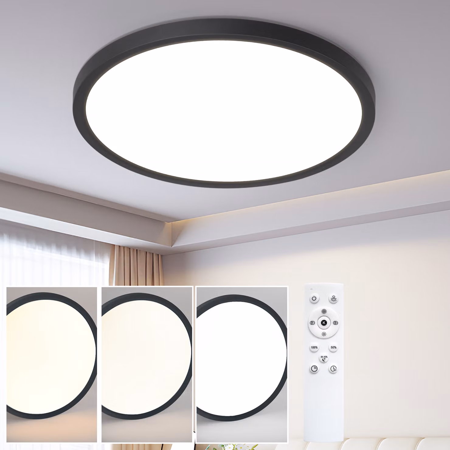 ZMH Lampada da soffitto LED Dimmerabile - 20W Lampada da bagno Lampada da camera da letto piatta Nero Ø30cm Lampada da soffitto per bagno rotonda con telecomando