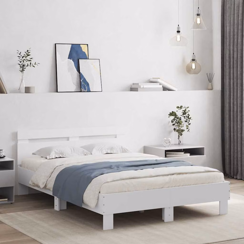 vidaXL Giroletto moderno con testiera in tessuto bianco, illuminazione LED sottostante e porta di ricarica USB, L: 140 cm, P: 70 cm, H: 193 cm – 1