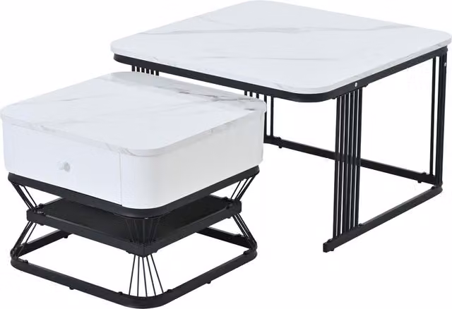 Set di 2 tavolini da caffè quadrati moderni con piano in vetro e cassetto, Bianco e Nero, L/P/H: 70 x 70 x 45 cm e 50 x 50 x 40 cm