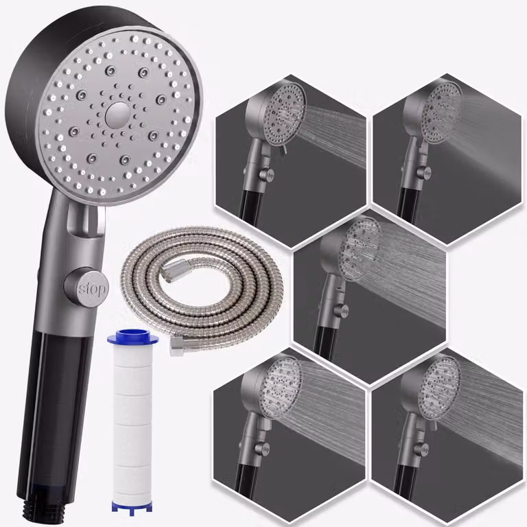 Doccia con filtro e funzione di arresto, 5 tipi di getto, tubo da 1,5 metri, colore grigio