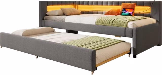 Letto a Divanetto Singolo con Letto Estrattibile, Illuminazione LED e Porte USB/Type-C, Grigio, 90x200 cm