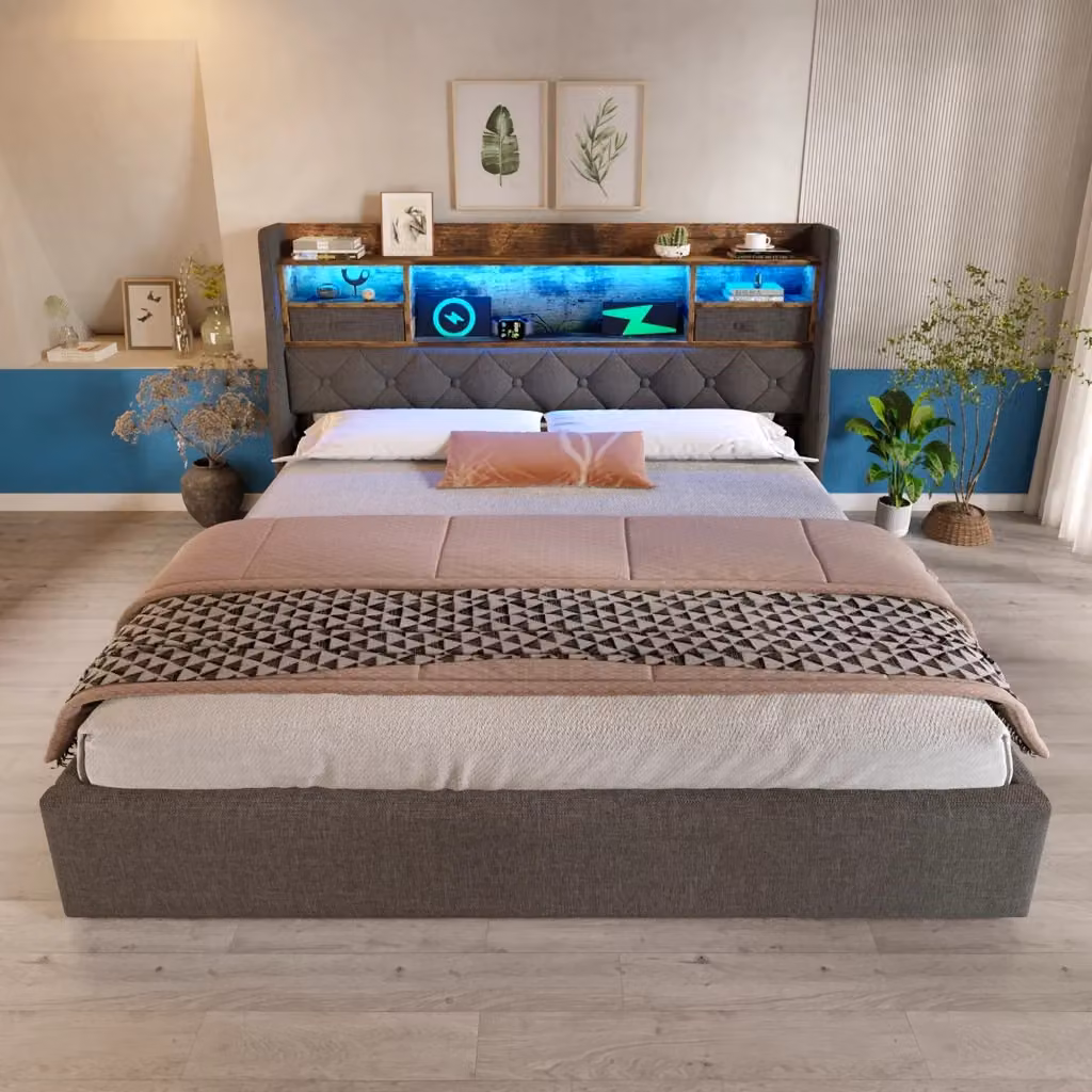 Letto Contenitore REDOM in Lino Grigio con Illuminazione LED, Ricarica USB/Type-C e Ripiano Integrato L/P/H: 160 x 200 x 116 cm – 2