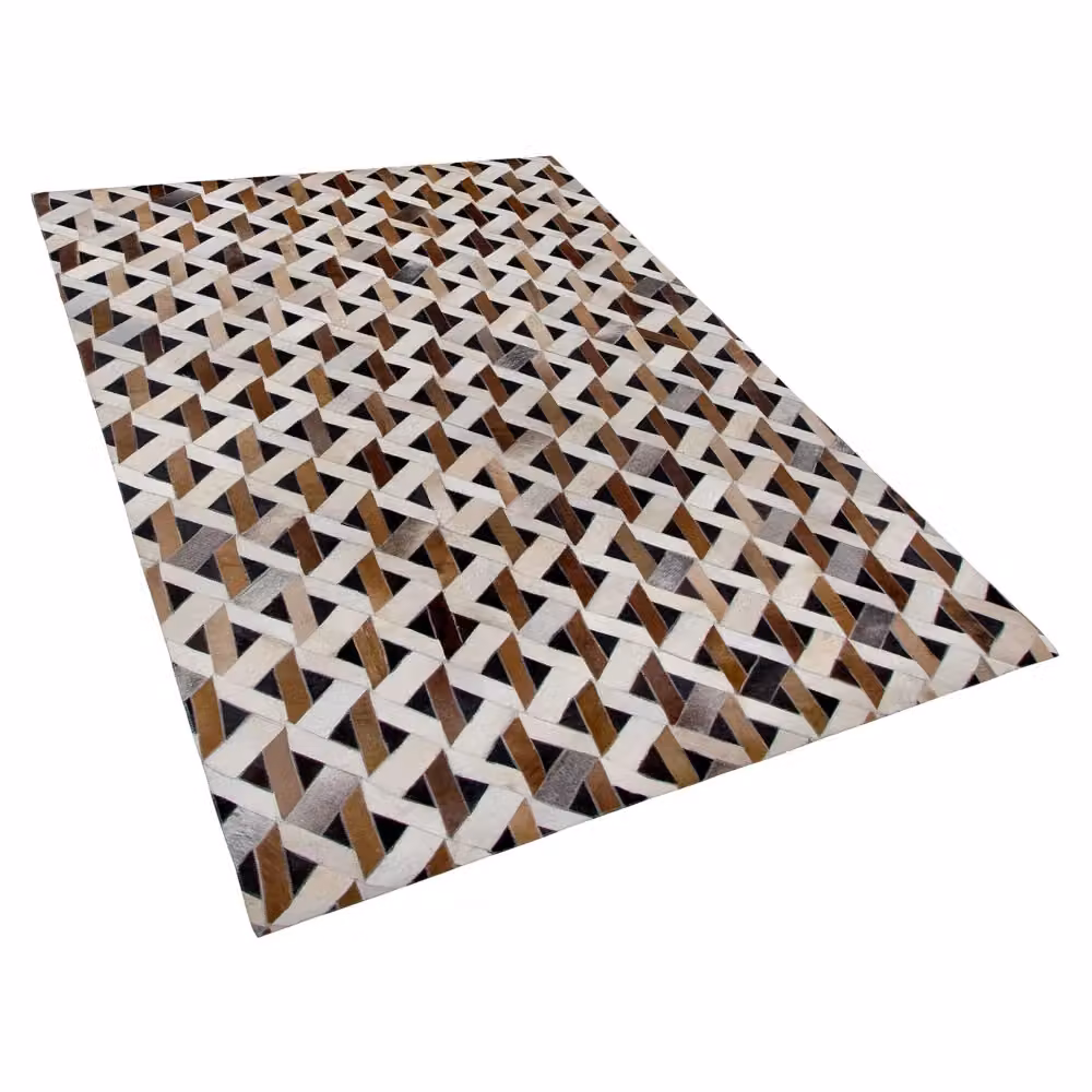 Tappeto Beliani in pelle con motivo geometrico boho in marrone, grigio e bianco L: 200 cm, P: 140 cm – 2