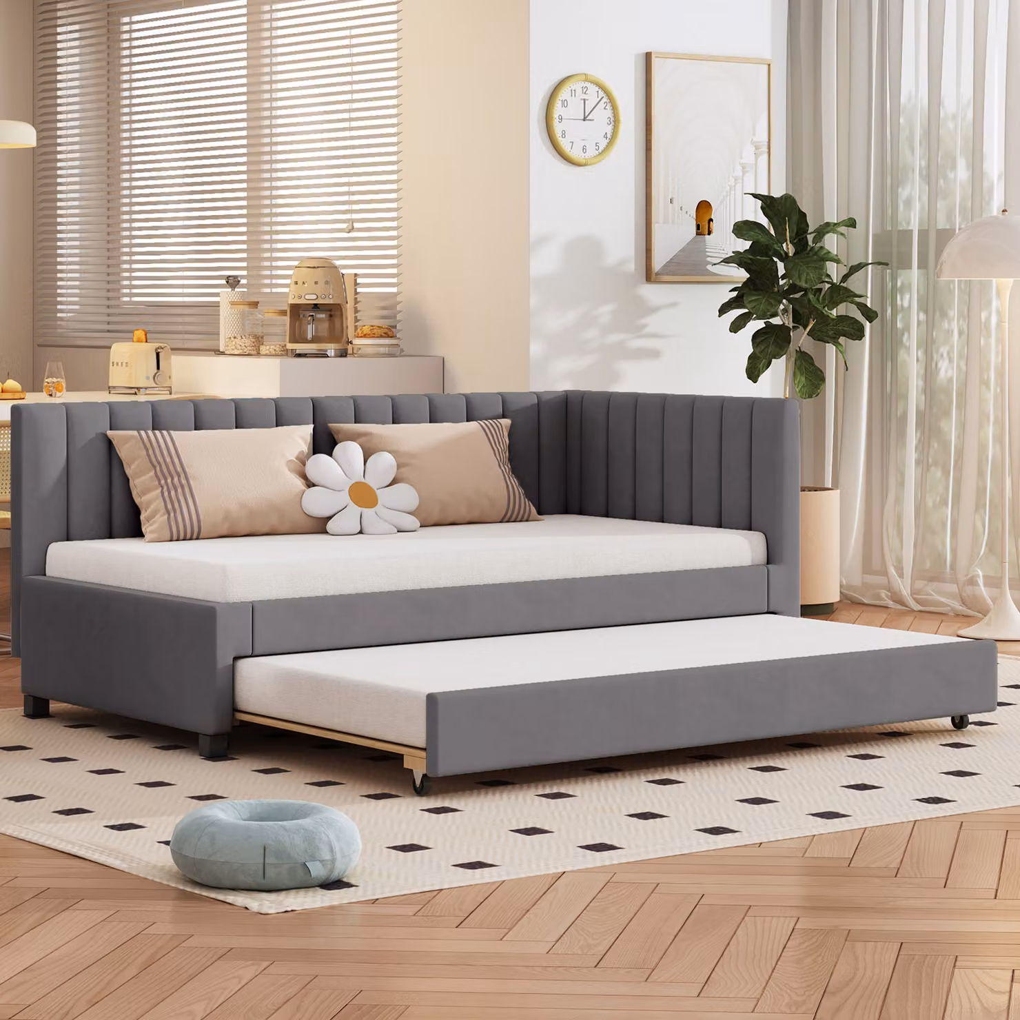 Letto imbottito Flieks 90x200cm con rete a doghe, divano letto da giorno con letto estraibile, letto singolo letto per ospiti letto da giorno letto per ragazzi divano letto, velluto, grigio