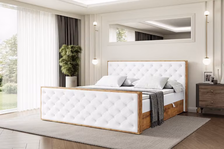 Letto boxspring ALTDECOR con materasso e rete a doghe, topper, pediera, letto imbottito con contenitore, letto con spazio contenitivo e materasso H3, letto matrimoniale, letto a cassettoni - LOLLI3-Z - 140x200 - Pelle finta bianca