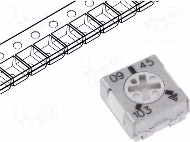 1 x Potenziometro: per montaggio a incasso, rotazione singola, 10kΩ, tecnologia SMD, 250mW, tolleranza 20%, modello TS53YJ103MR10, tecnologia SMD
