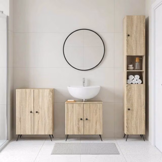 Set di mobili da bagno moderno vidaXL in legno marrone composto da base lavabo, armadio alto e mobile laterale con ante a battente e ripiani interni