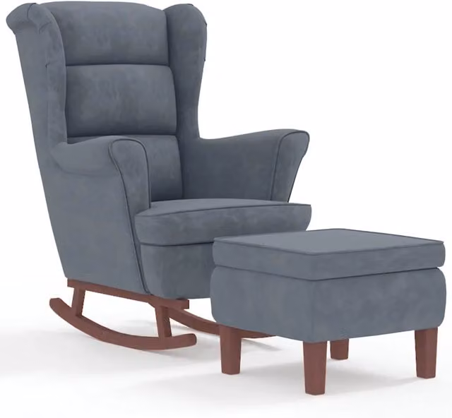Sedia a dondolo con schienale alto in velluto grigio scuro e struttura in legno massiccio con pouf incluso CFW4799049 L: 97 cm, P: 78 cm, H: 93 cm – 1