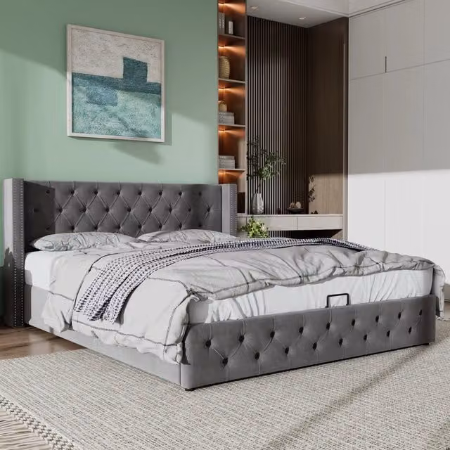 Letto matrimoniale con orecchie in velluto idraulico di 180x200cm con rivetti e cuciture a bottoni base impermeabile e colore grigio anti-sporco