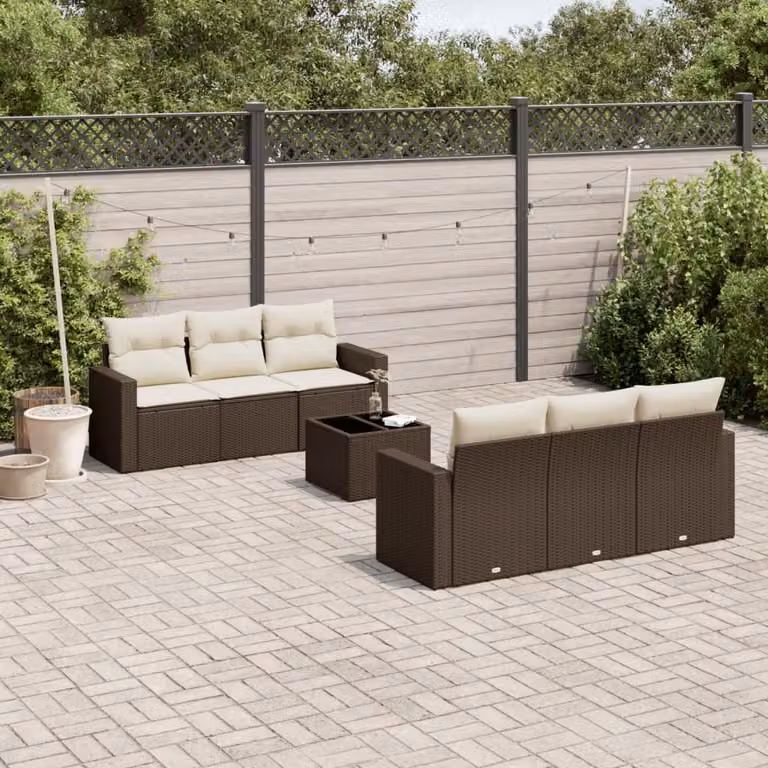 Set di divani da giardino vidaXL in polyrattan marrone con cuscini e tavolino da esterno a forma di L