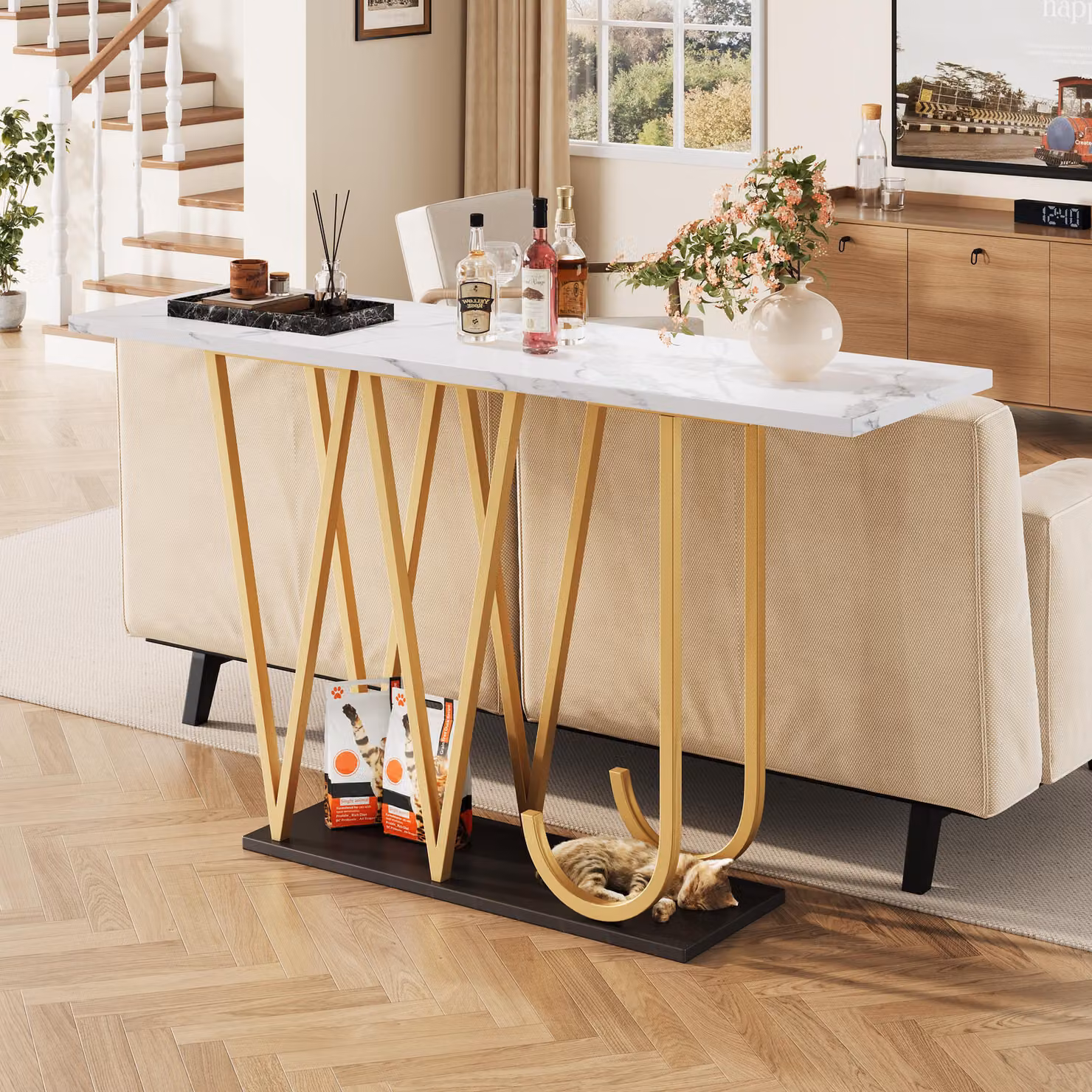 Tavolo da pranzo STILVORA, tavolo da cucina in legno, piano del tavolo con effetto marmo, tavolo per l'ingresso con gambe in metallo dorato, adatto per ingresso, cucina, soggiorno e balcone