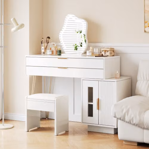 Tavolino da toilette AIORBER con specchio illuminato a LED, bianco Set di tavolini da toilette con design allungabile, tavolo per cosmetici L100/H78/D40 cm (senza sgabello)