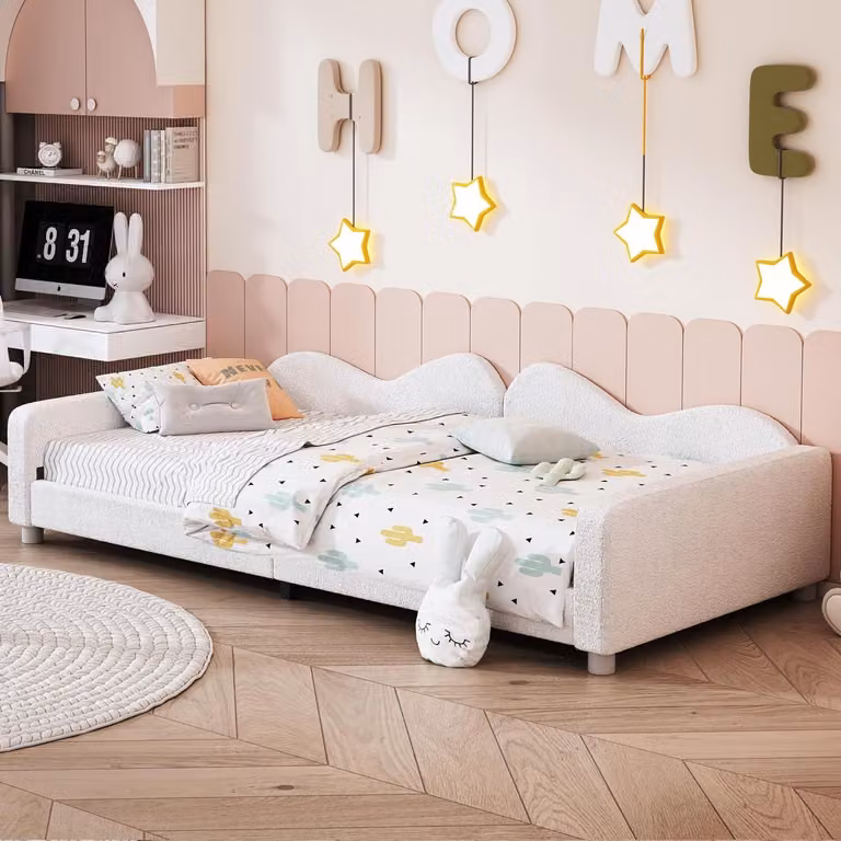 Letto imbottito Fortuna Lai 90*200cm, divano letto, struttura letto in morbido tessuto orsetto con schienale e braccioli il letto ideale per bambini e ospiti, bianco