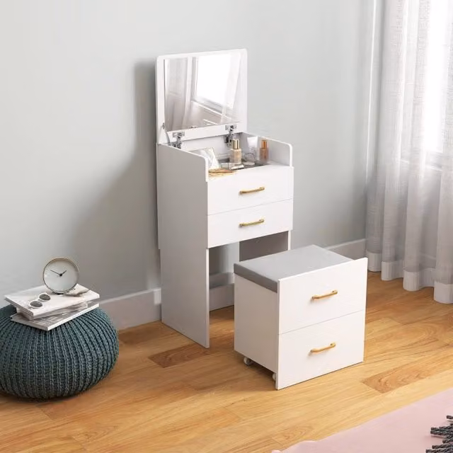 Scrivania Toeletta Minimal con Specchio, Cassetti e Sgabello Bianco