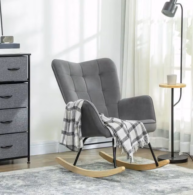Poltrona a dondolo ULEVR 71x98x101 cm con braccioli, schienale alto imbottito e base in legno di faggio, grigio scuro