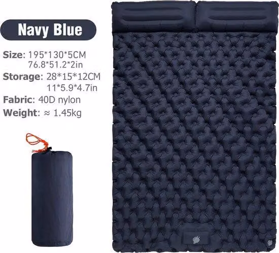 Materasso gonfiabile per 2 persone con pompa integrata e cuscini incorporati, colore blu, ideale per il campeggio e i viaggi