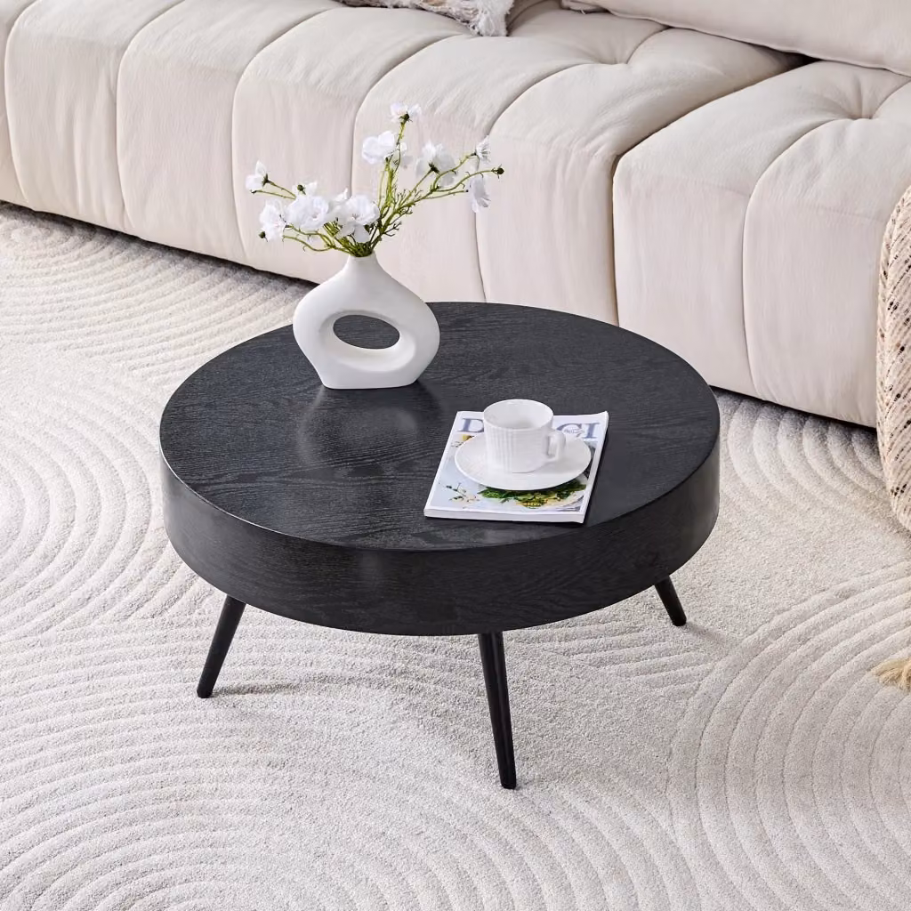 Tavolino da caffè rotondo REDOM in MDF effetto legno nero e metallo nero, Diametro: 70 cm, Altezza: 35,5 cm – 2